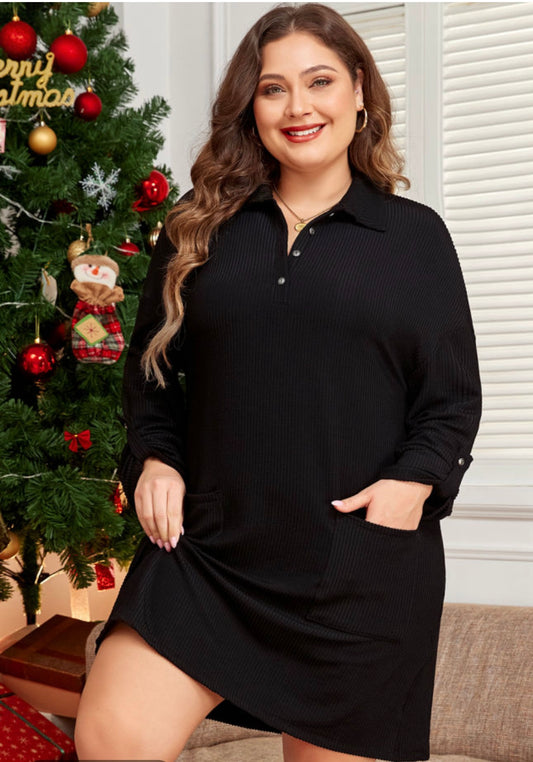 Curvy Sized Black Ribbed Knit Button Collared Dress