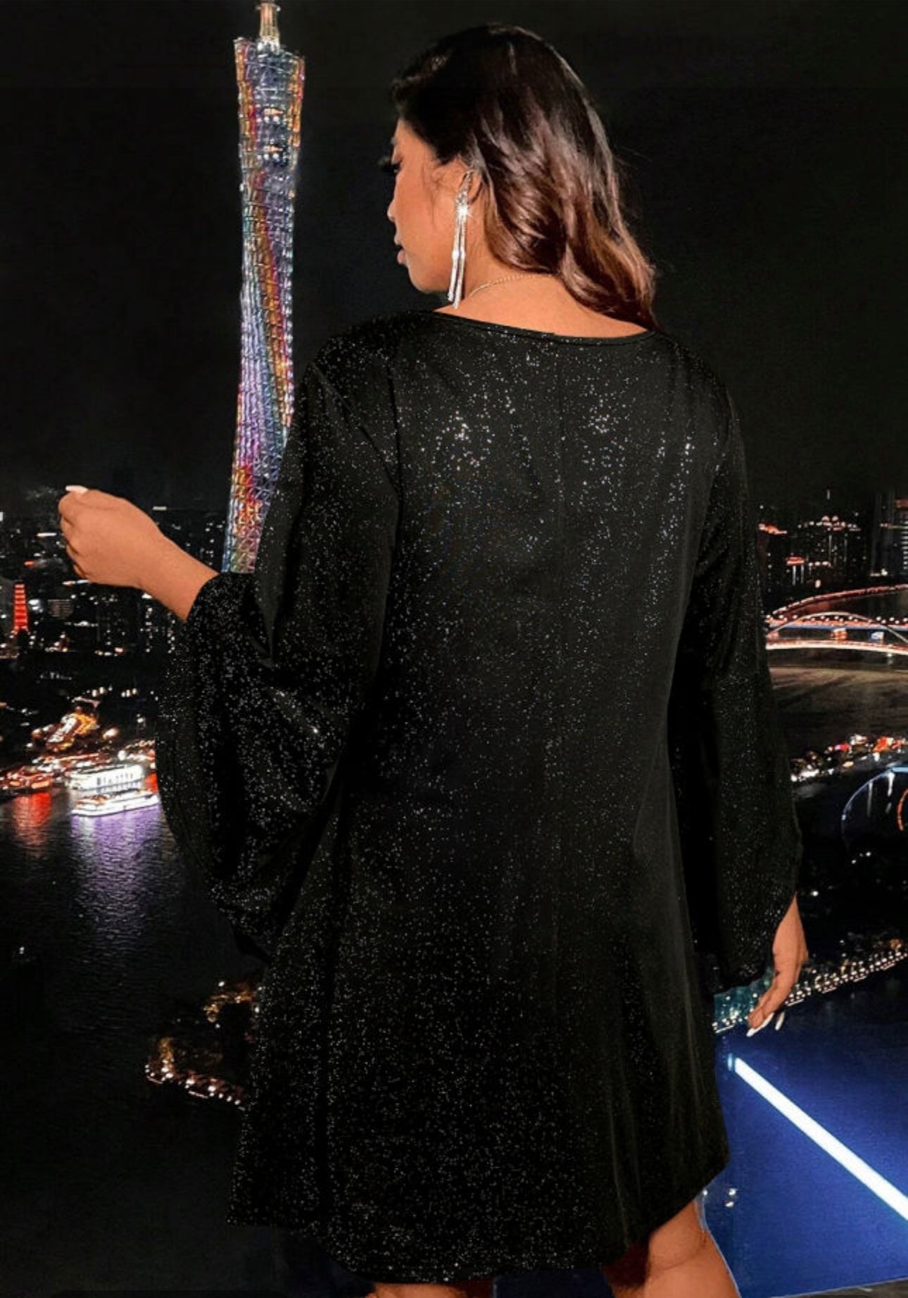 Curvy Sized Black Glitter Metallic Bell Sleeve Dress