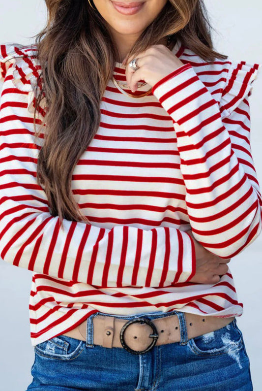 Red and White Stripe Ruffle Trim Long Sleeve Top