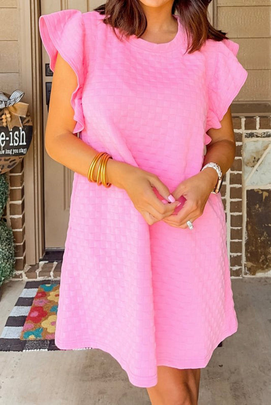 Pink Quilted Ruffle Sleeve Shift Dress