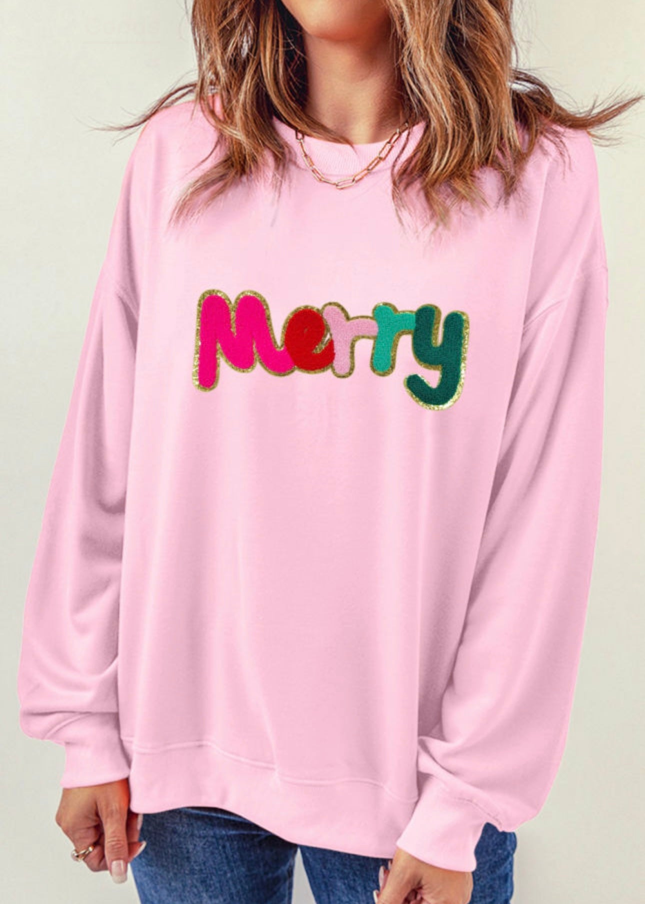 Pink Chenille Merry Graphic Sweatshirt