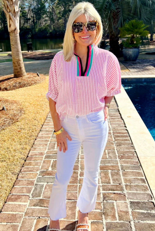 Seersucker V Neck Blouse