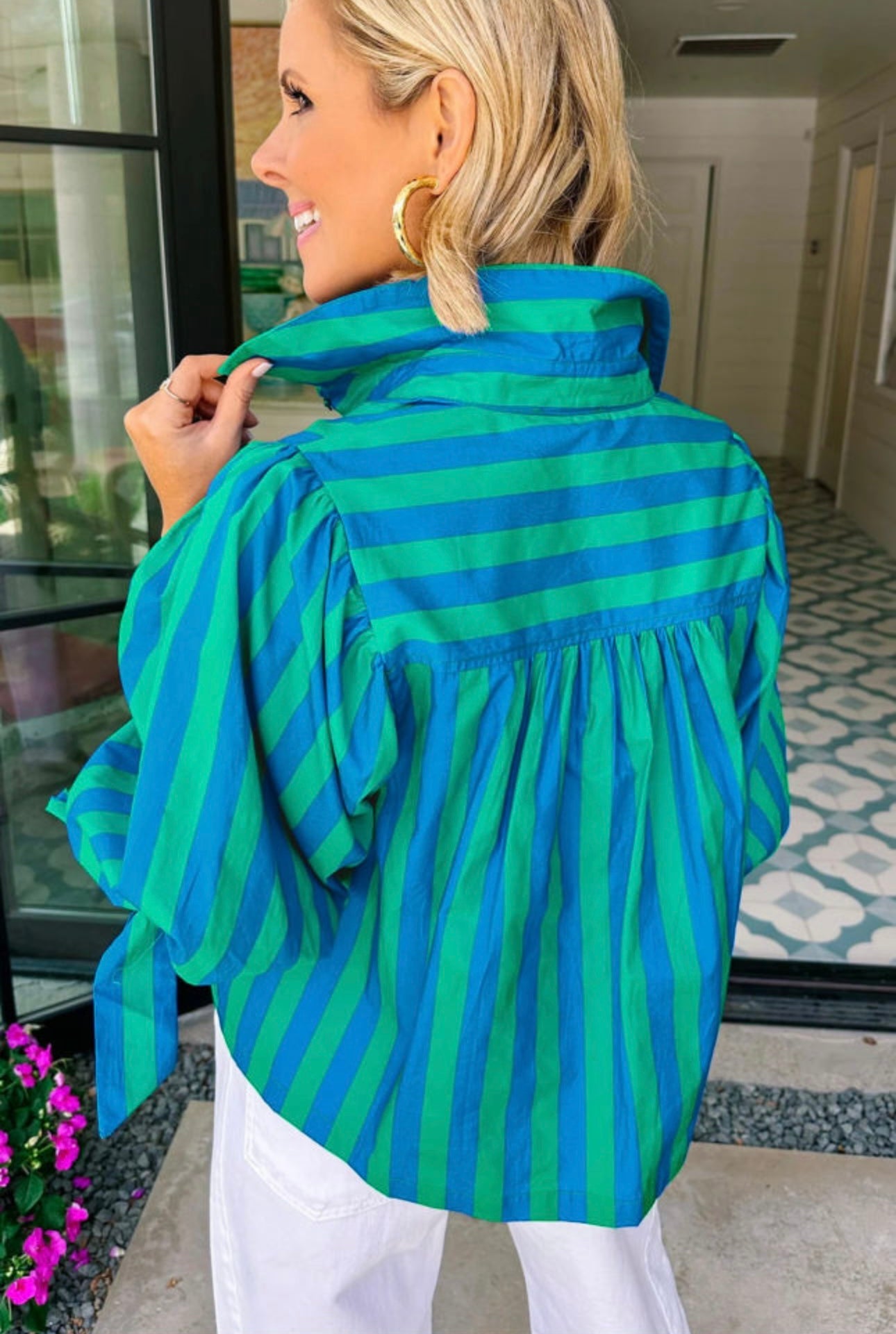 Blue Stripe Tie Puff Sleeve Blouse