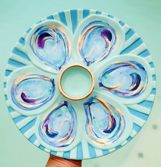 “Shucked, Striped & Chic” Hand-Painted Gilded Oyster Plate