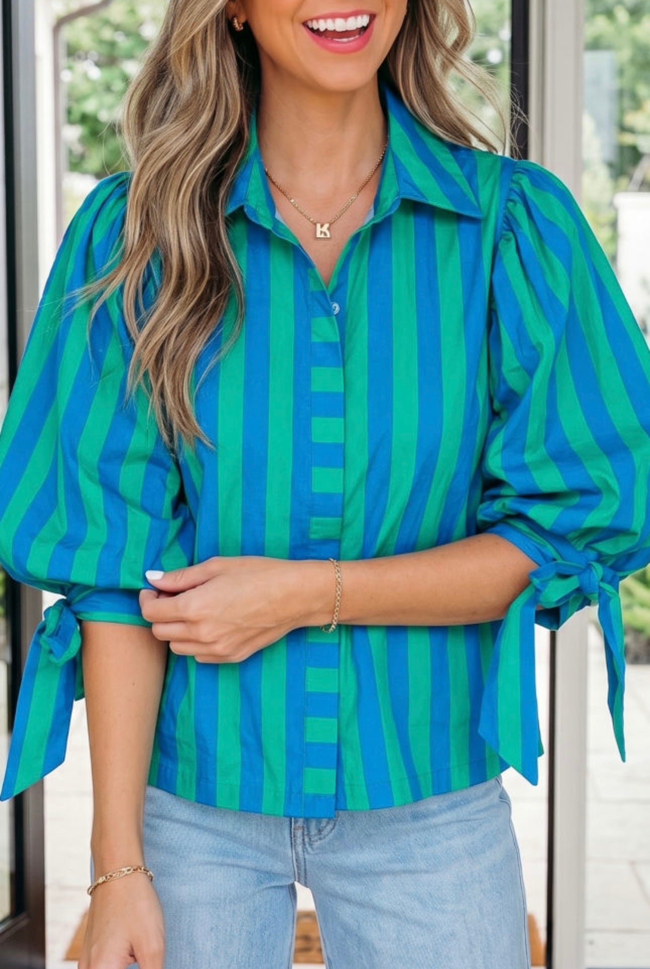 Blue Stripe Tie Puff Sleeve Blouse
