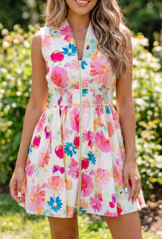 Floral Full Zip Smocked Waist Dress