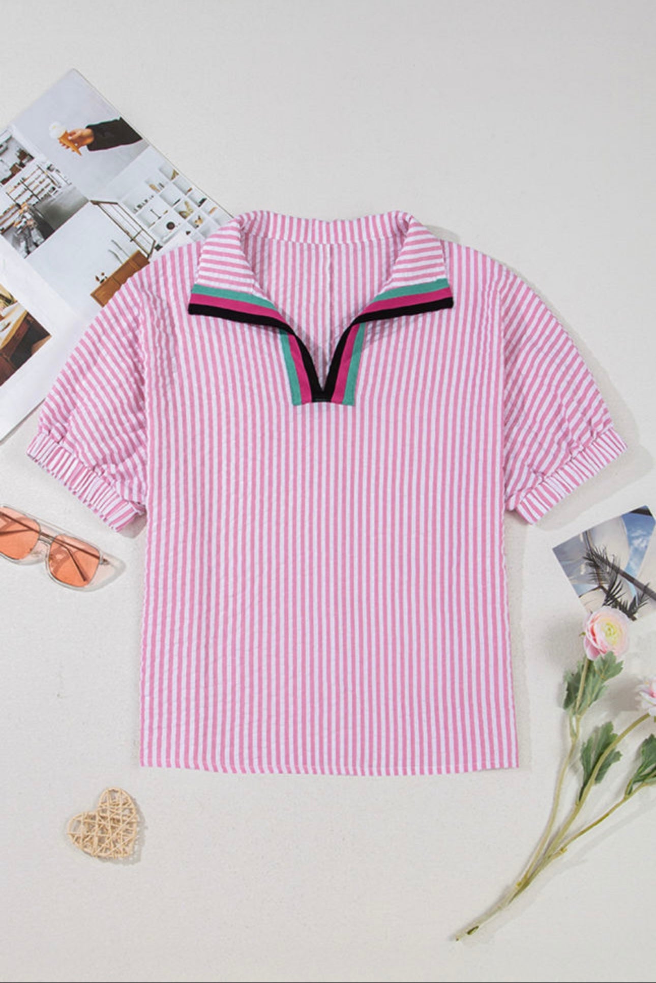 Seersucker V Neck Blouse