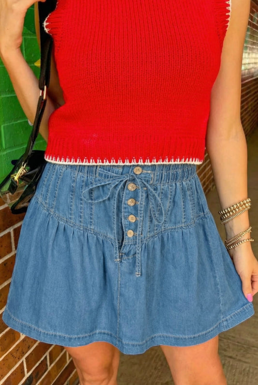 Denim Pleated High Waist Skirt