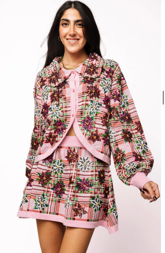 Queen of Sparkles Pink Plaid Poinsettia Skirt Set