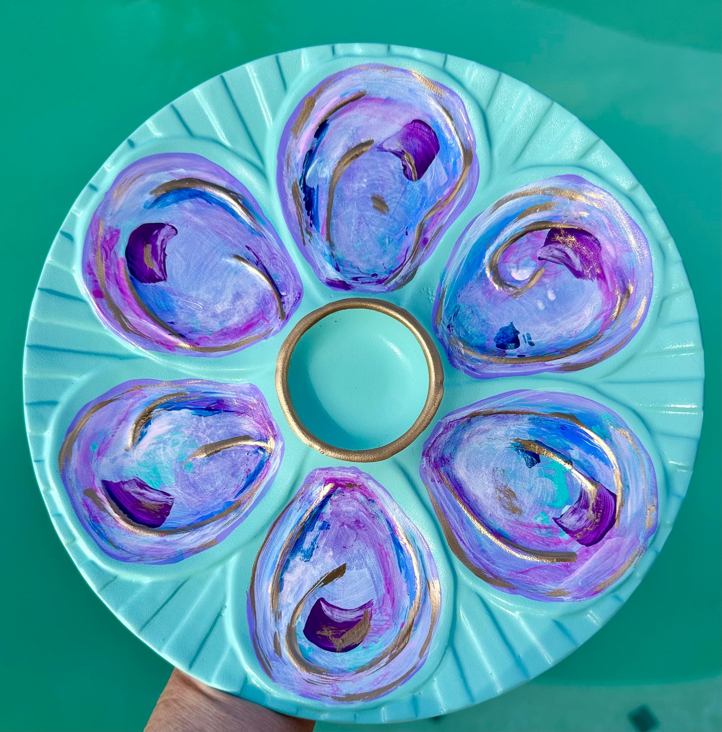 “Aqua Shucked” Hand-Painted Gilded Oyster Plate