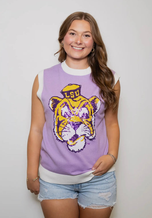 Lavender LSU Vintage Tiger Sleeveless Sweater (Licensed)