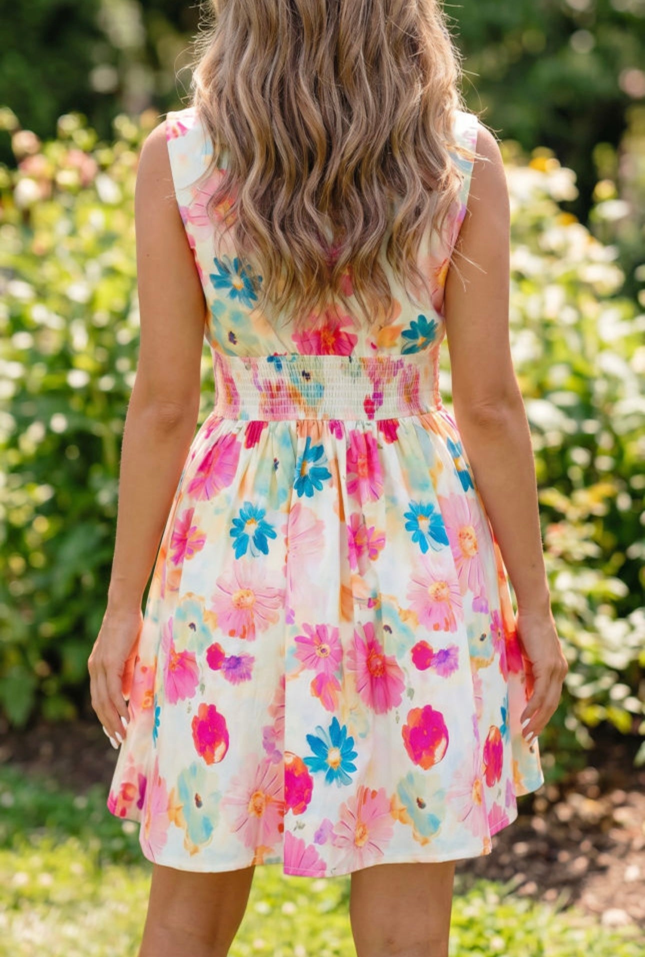 Floral Full Zip Smocked Waist Dress