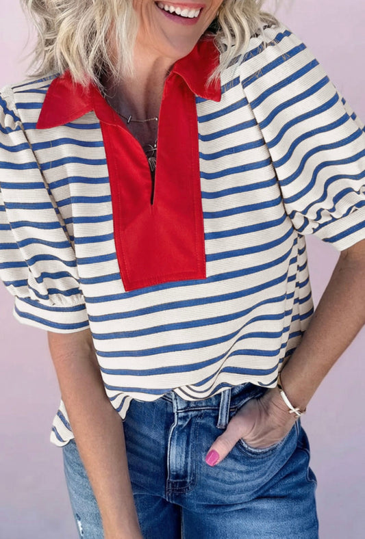 Blue Stripe Collared Top