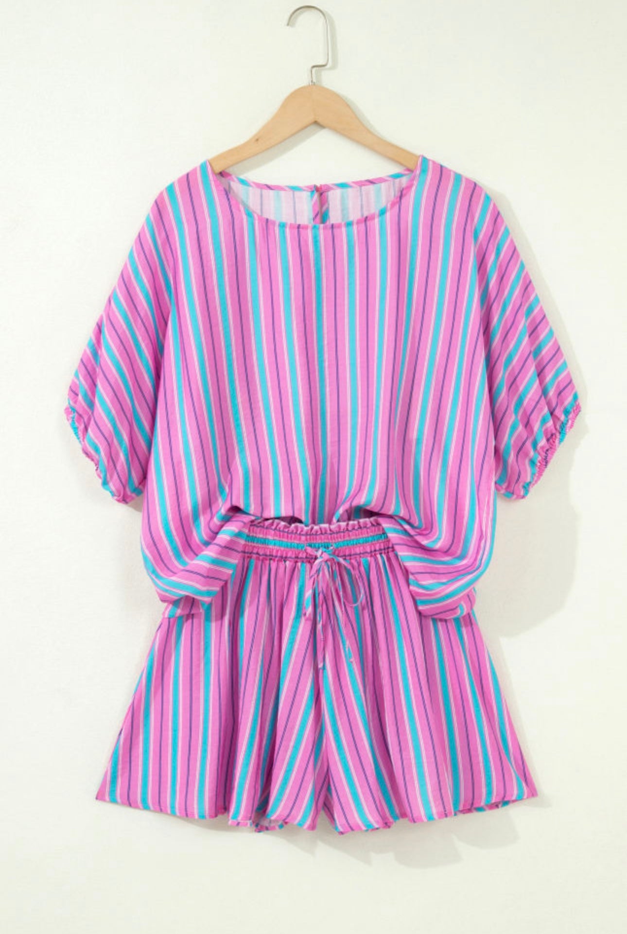 Pink Striped Dolman Sleeve Shorts Set