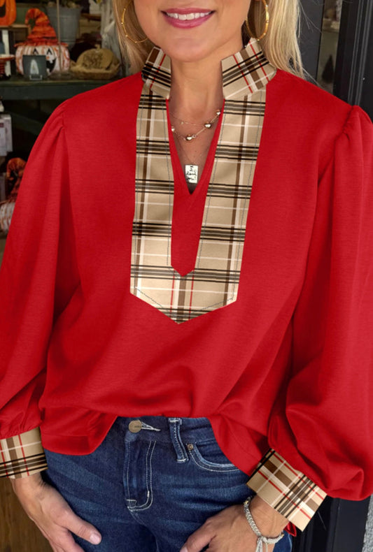 Red Long Sleeve Blouse with Plaid Trim