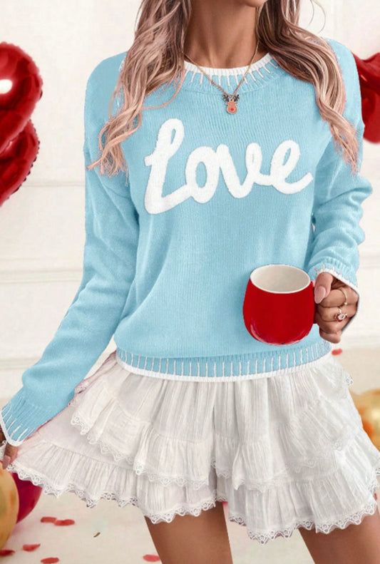 Light Blue Love Chenille Letter Sweater