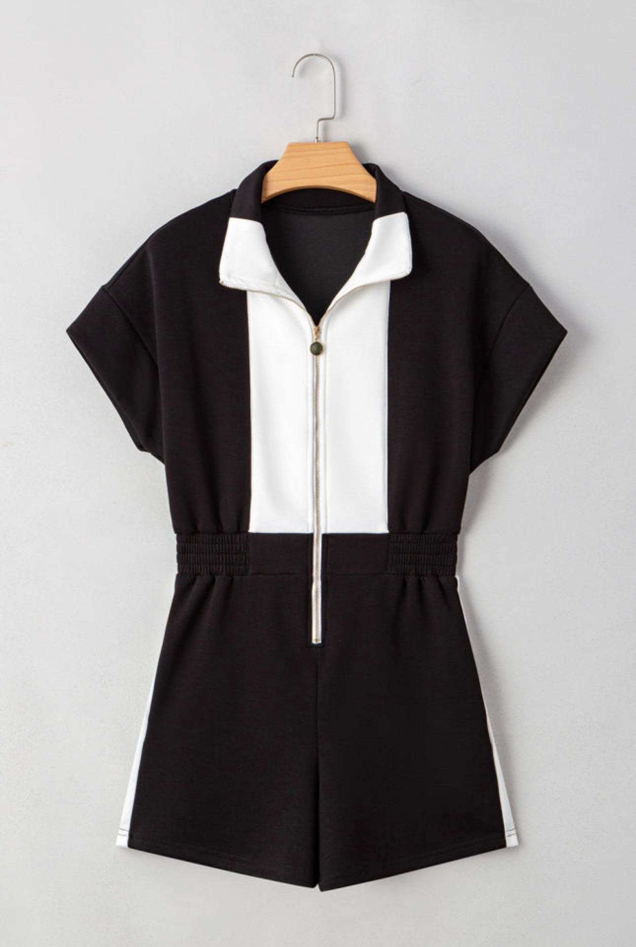 Black Contrast Gold Zipper Front Romper