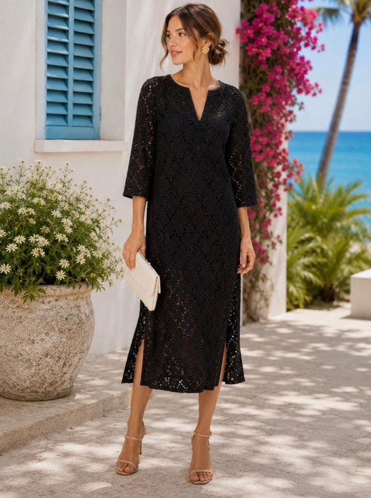 Tuckernuck Jamie Black Lace Eyelet Midi Kaftan Dress-Size Small