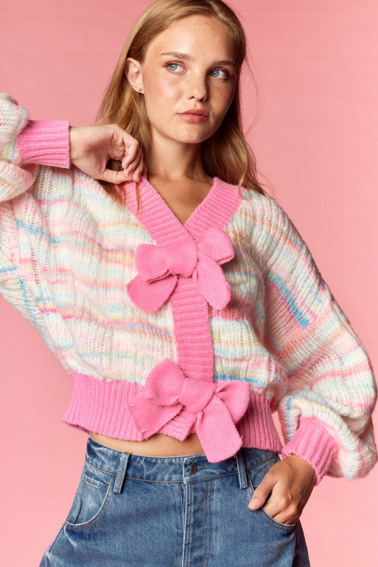 Pastel Stripe Knit Cardigan with Bows