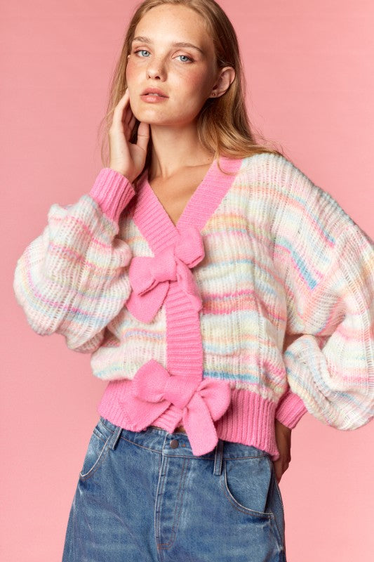 Pastel Stripe Knit Cardigan with Bows