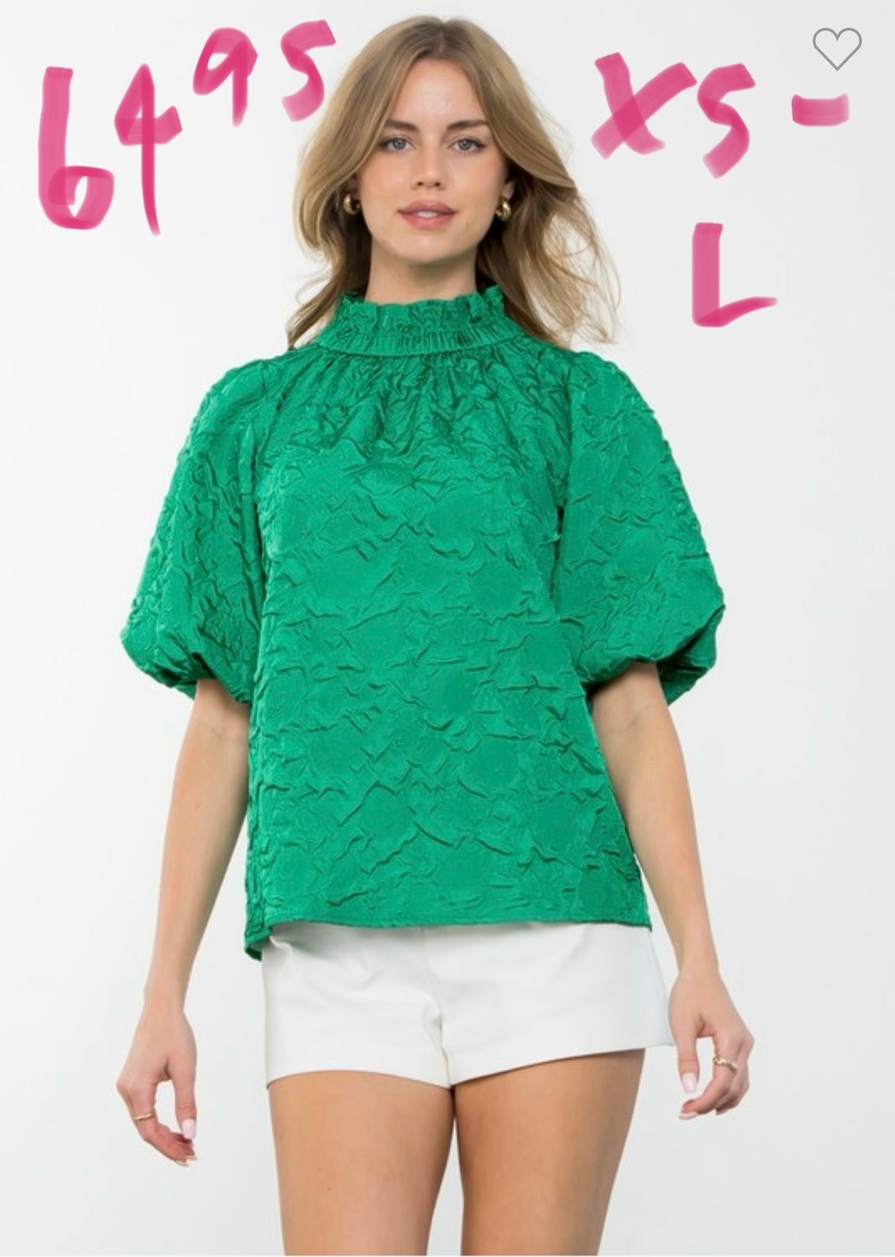 Green Textured Puff Sleeve THML Top