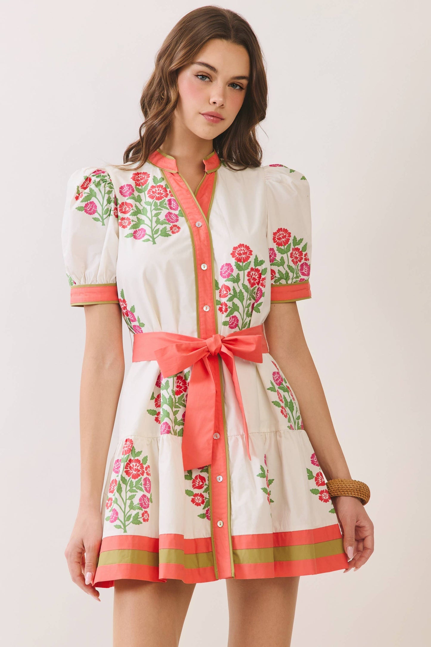 Floral Coral Trim Puff Sleeve Belted Mini Dress