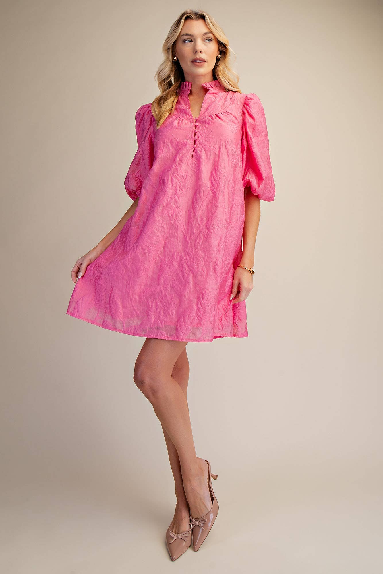 Pink Ruffled Neck with Volume Sleeve Dress