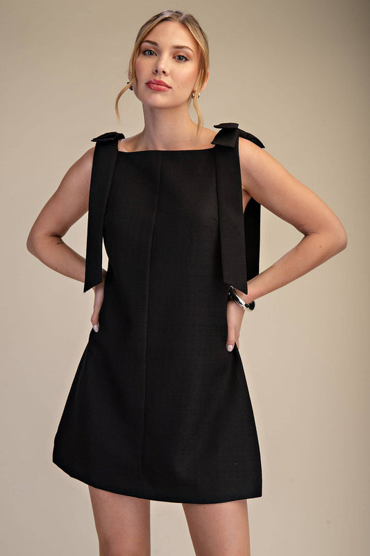 Black Straight Neckline Bow Dress