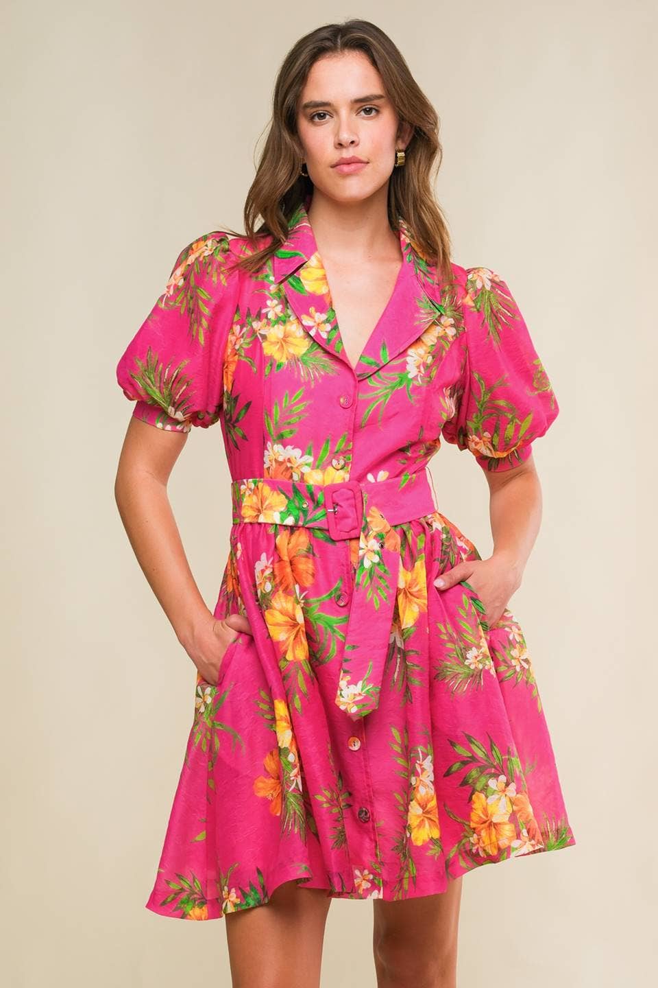Fuchsia Printed Belted Woven Dress