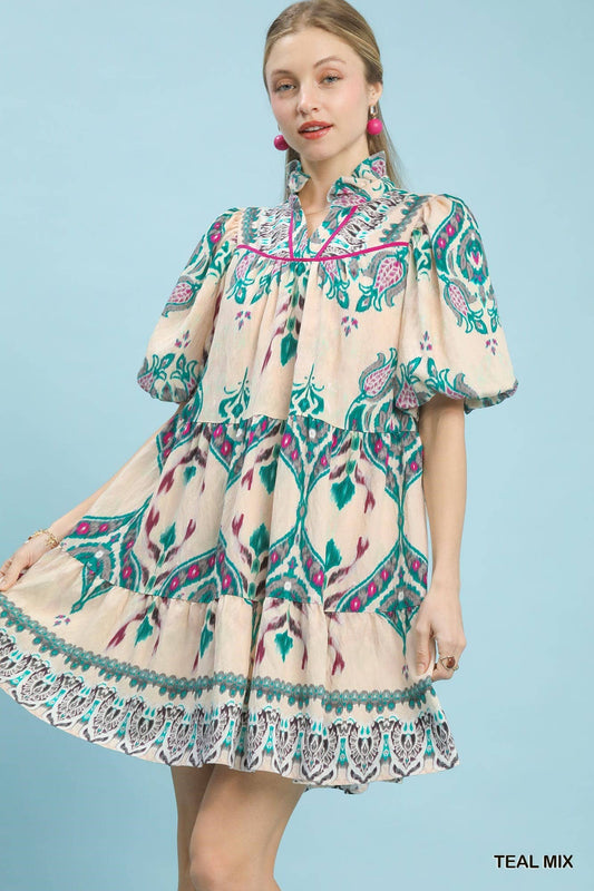 Teal Mix Boho Print Tiered Puff Sleeve Dress