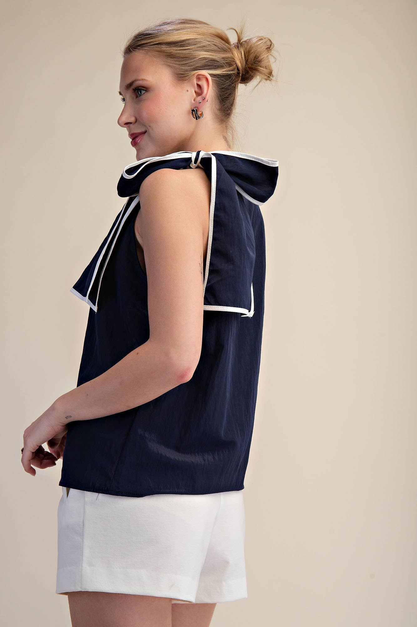 Navy Asymmetric Pleated Shoulder Bow Top