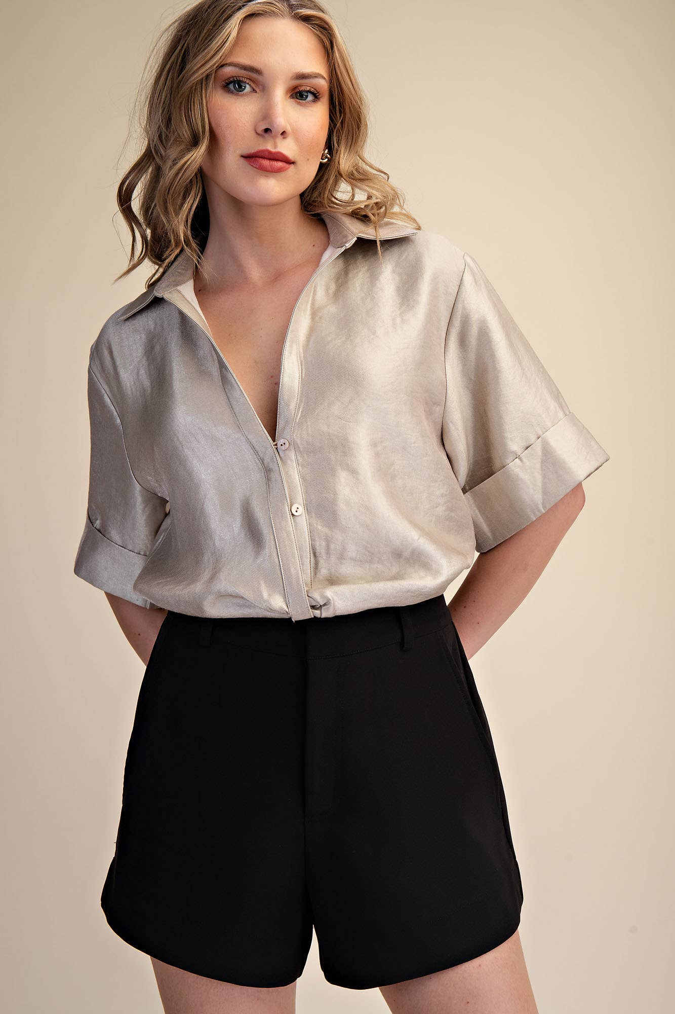 Deep Neck And Lapel Collar Short Sleeve Blouse