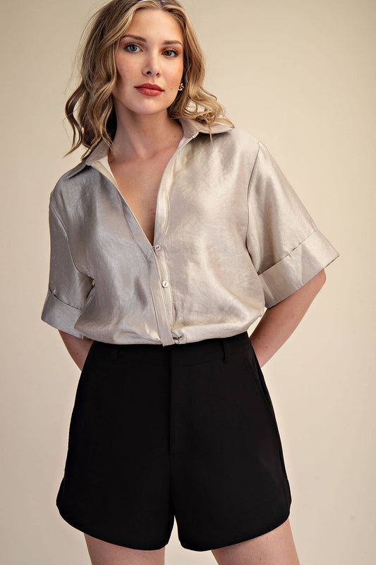 Deep Neck And Lapel Collar Short Sleeve Blouse
