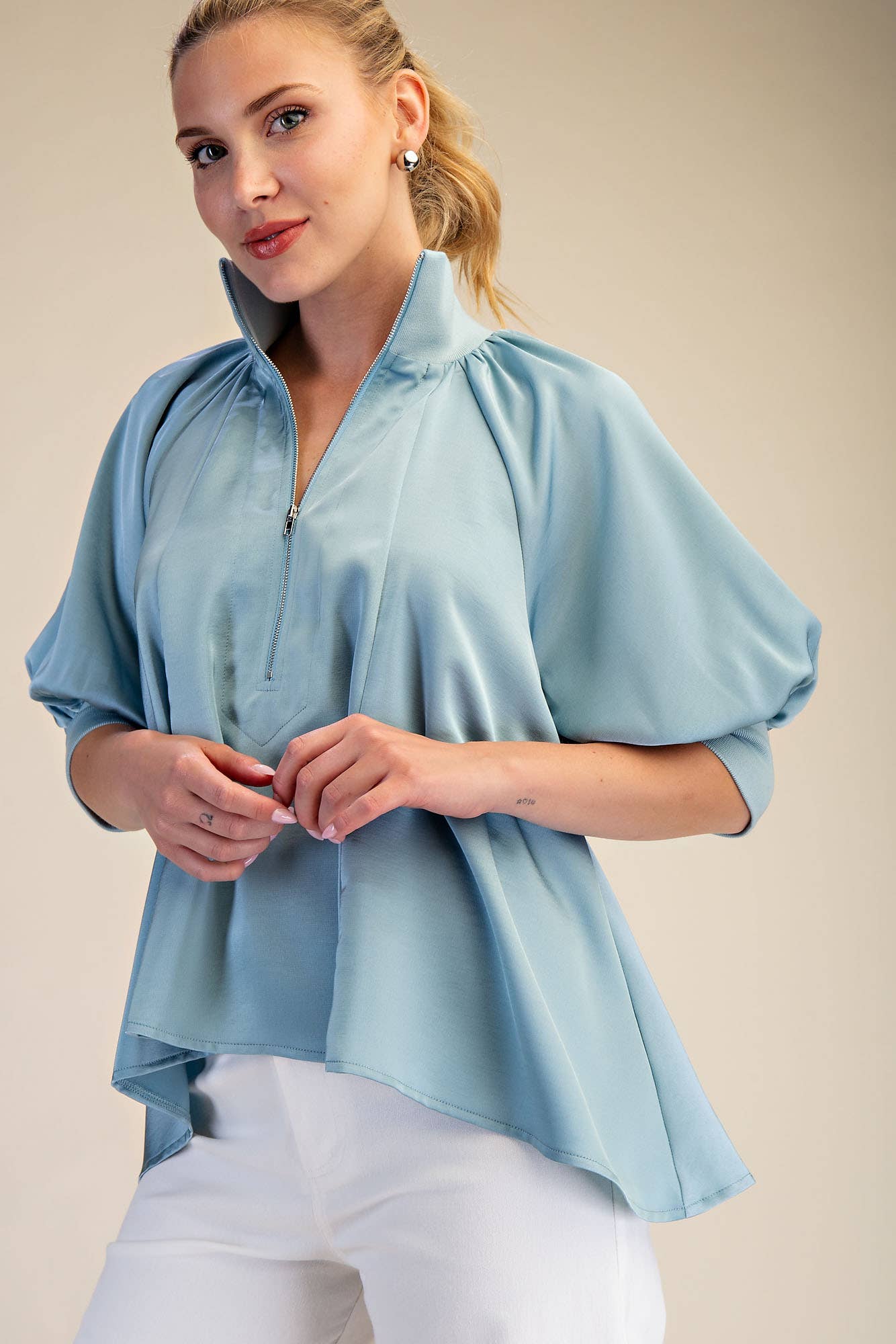Light Blue Mock Neck Band Puff Sleeve Blouse