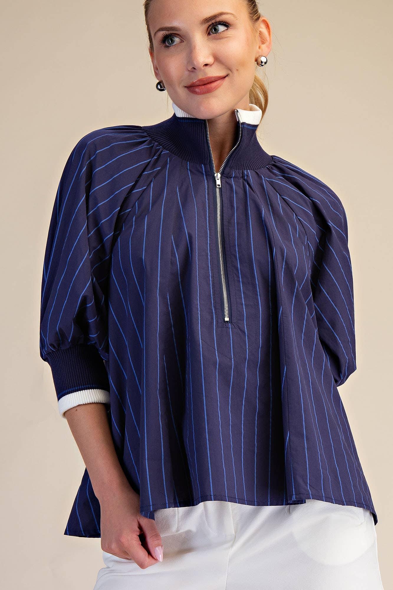 Navy Mock Neck Band Puff Sleeve Blouse