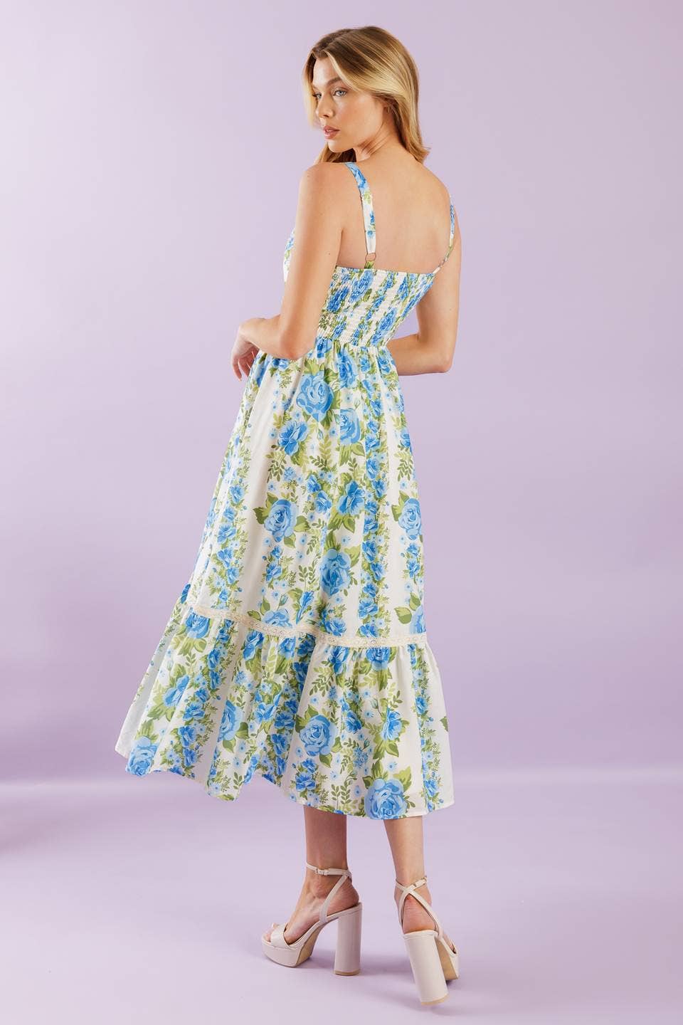 Blue Floral Woven Midi Dress