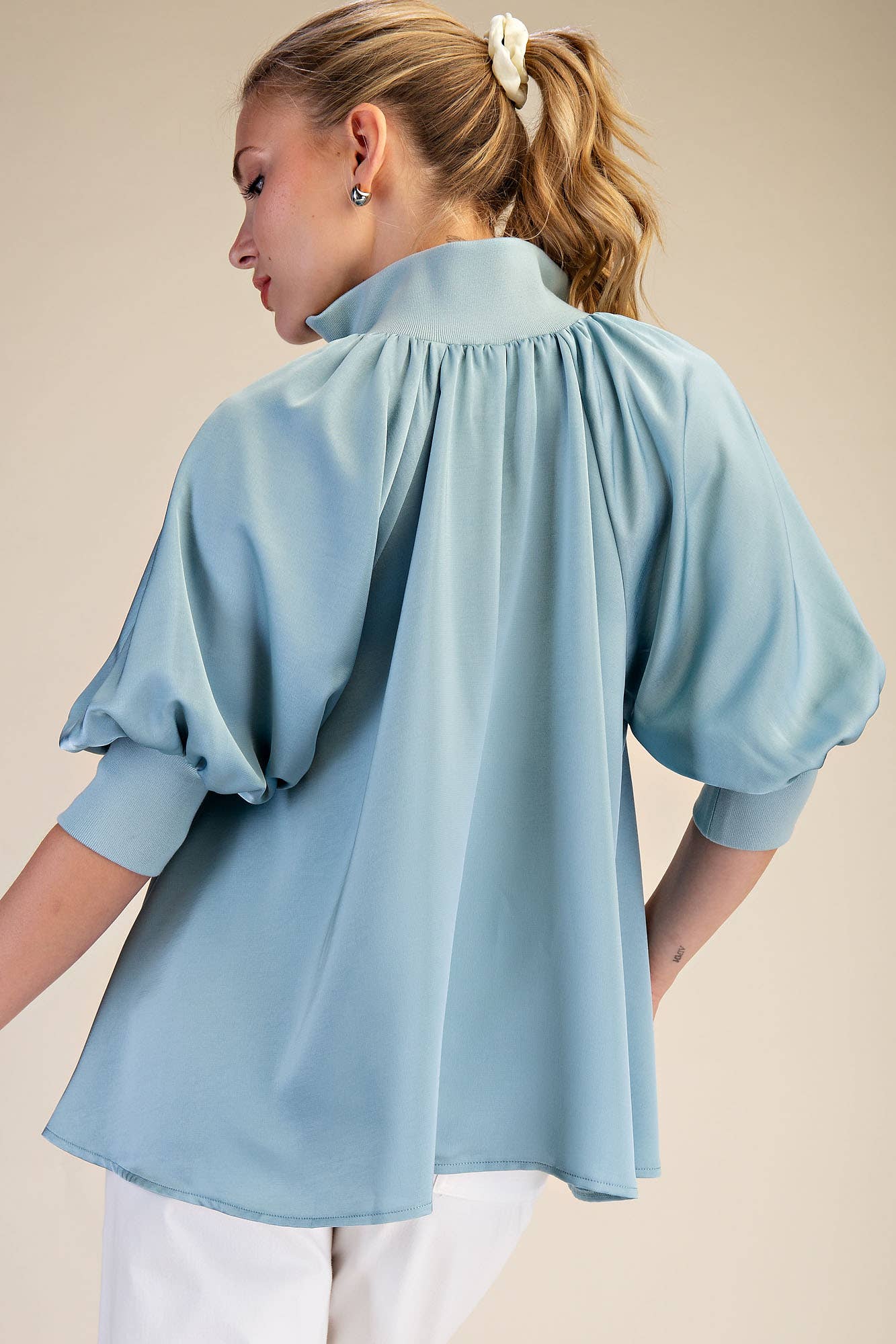 Light Blue Mock Neck Band Puff Sleeve Blouse