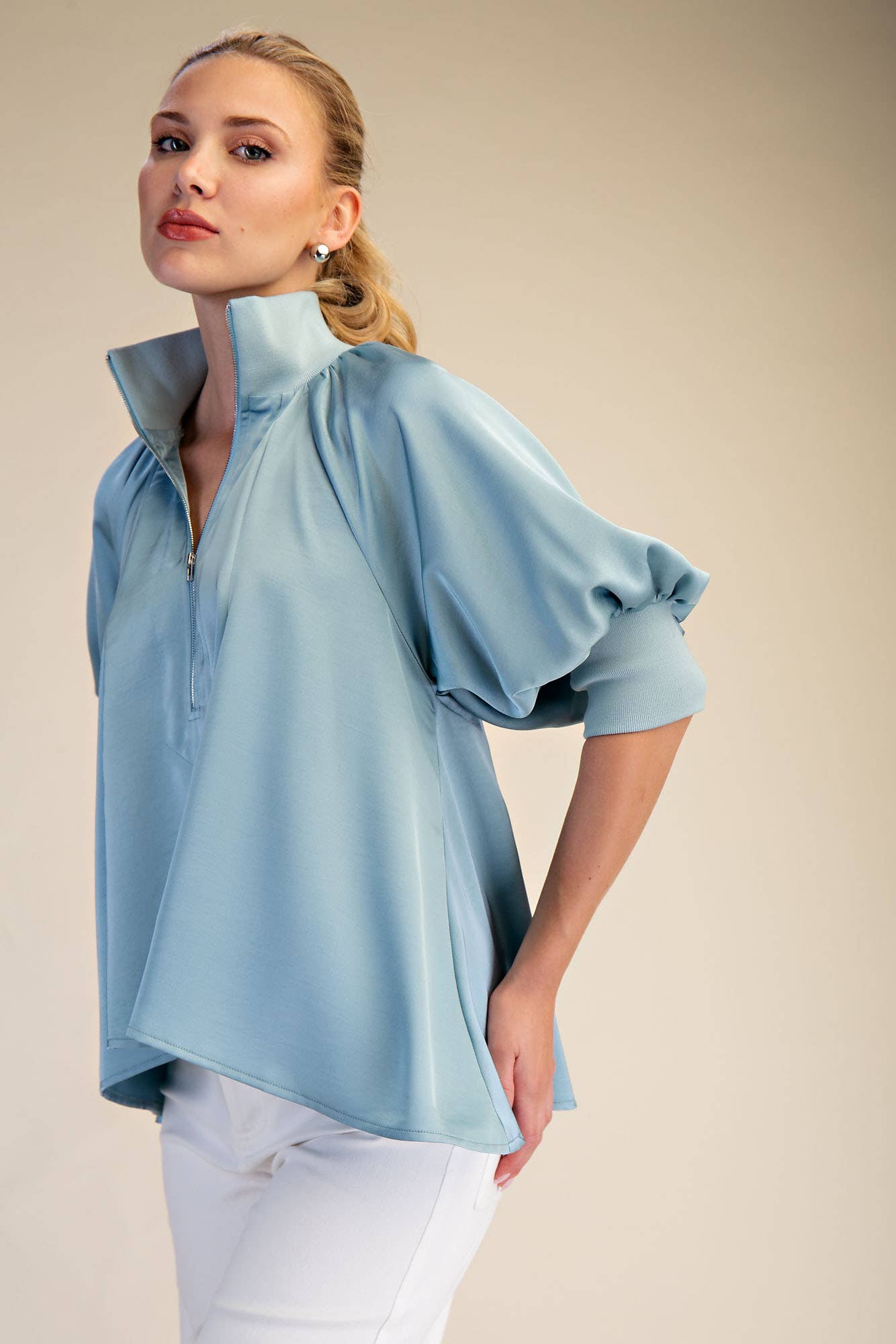 Light Blue Mock Neck Band Puff Sleeve Blouse