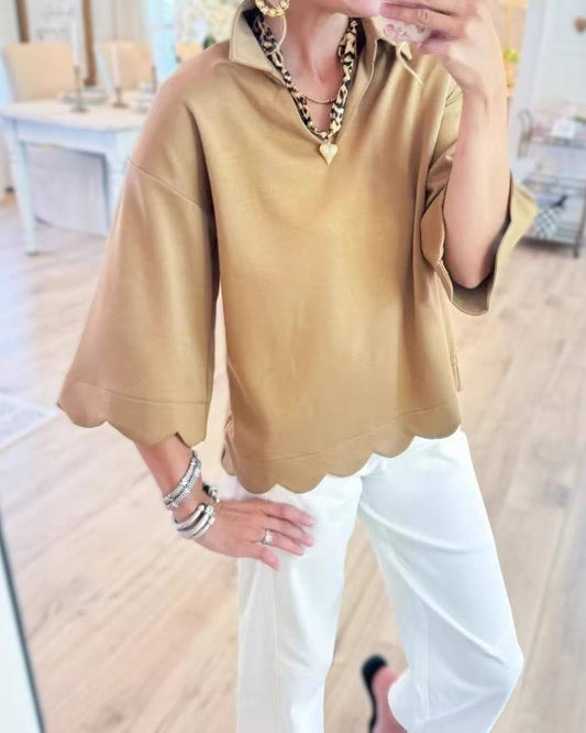 Khaki Leisure Chic Scallop Hem Top