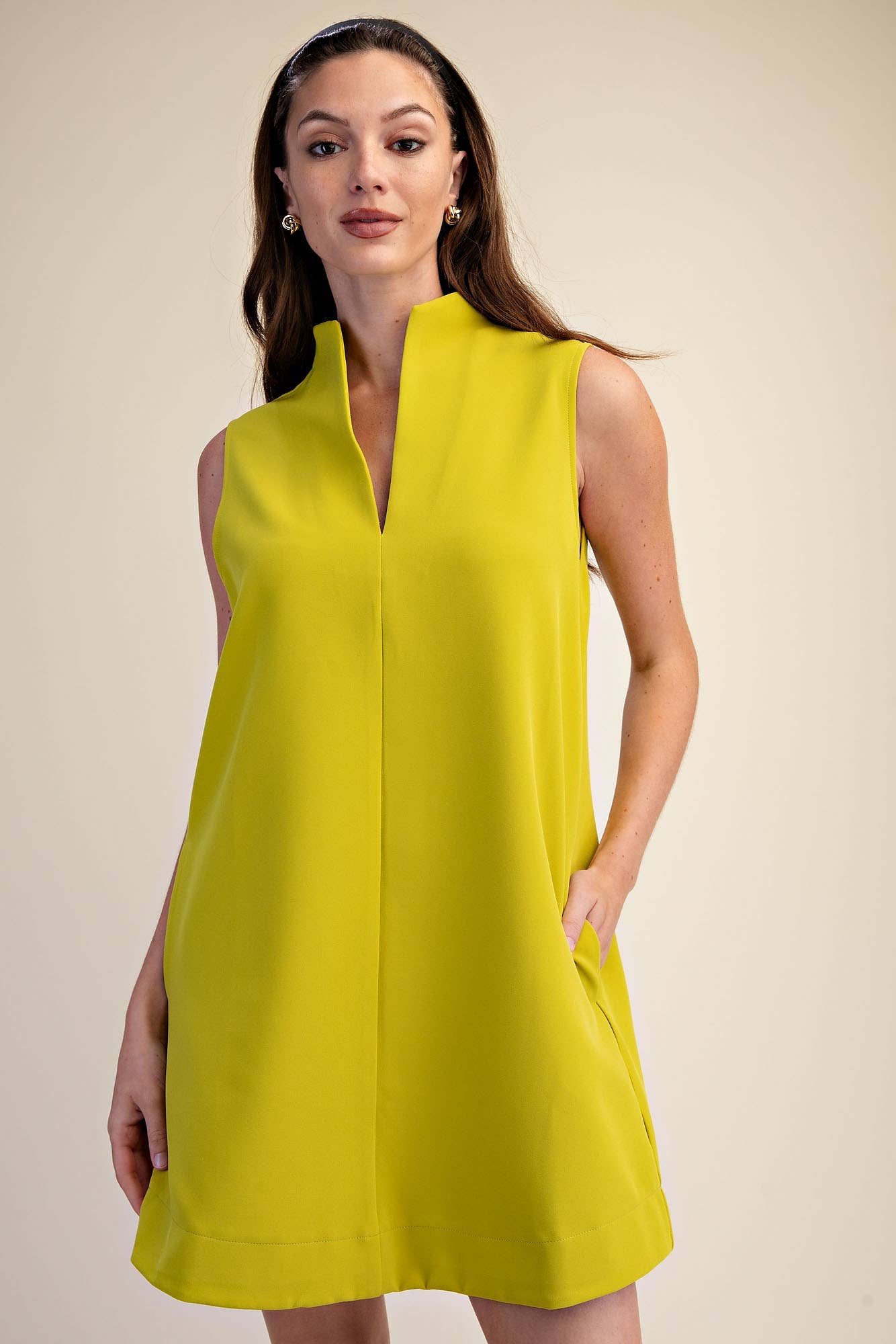Lime Sleeveless Stand Collar Slit V-Neck Dress