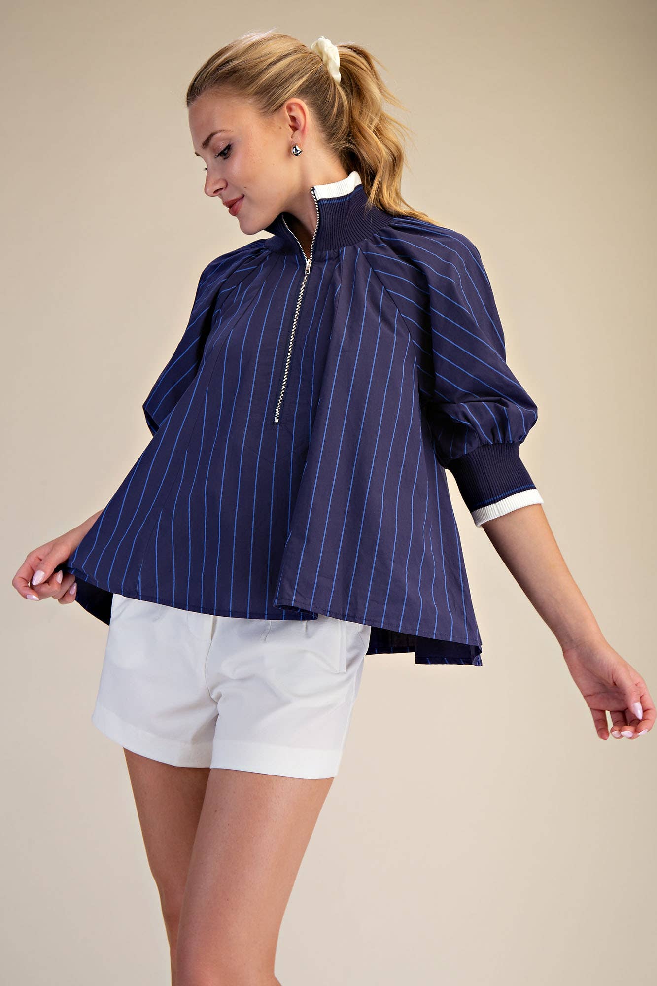 Navy Mock Neck Band Puff Sleeve Blouse
