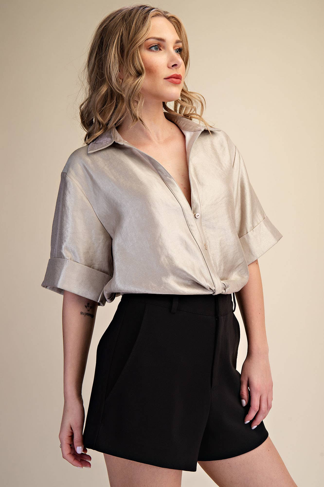 Deep Neck And Lapel Collar Short Sleeve Blouse
