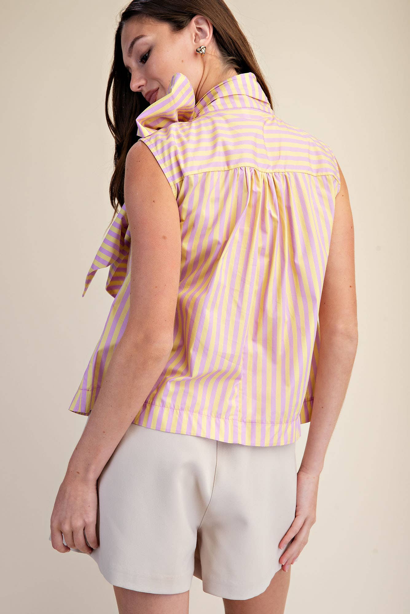 Lavender/Yellow Tie Neck Sleeveless Stripe Top