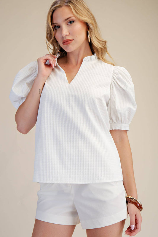 White Ruffle V-Neck Puff Sleeve Top