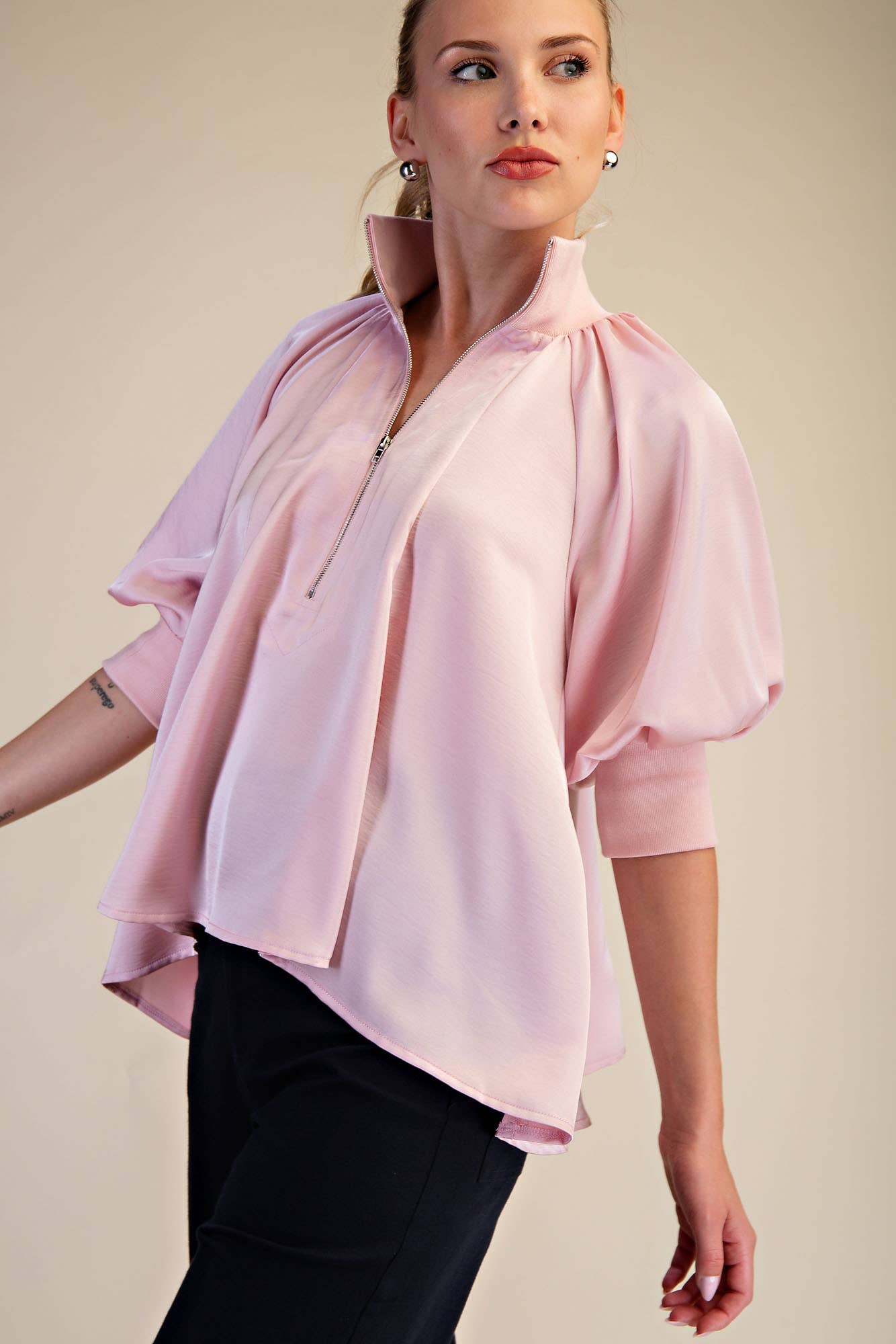 Soft Pink Mock Neck Band Puff Sleeve Elegance Blouse