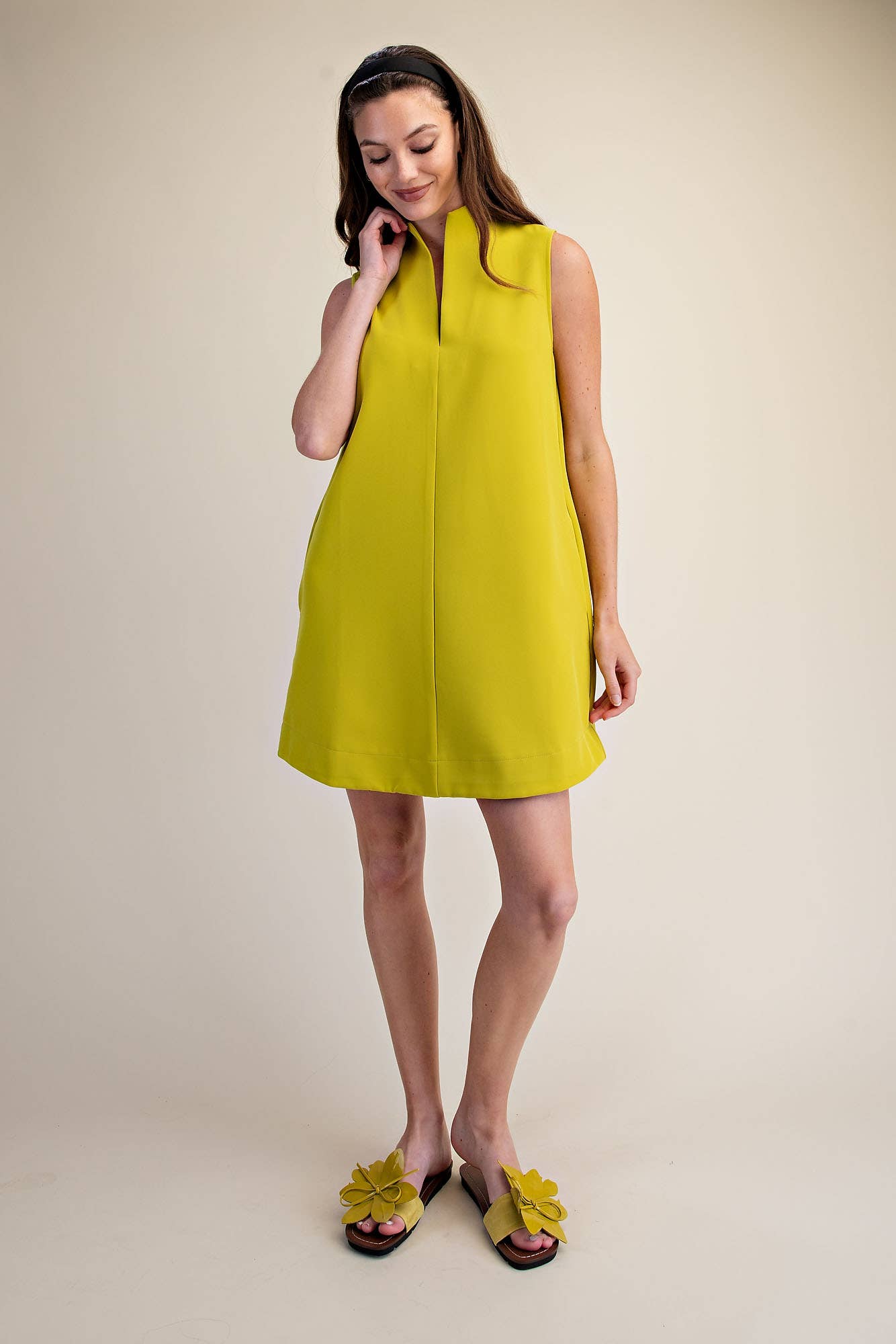 Lime Sleeveless Stand Collar Slit V-Neck Dress