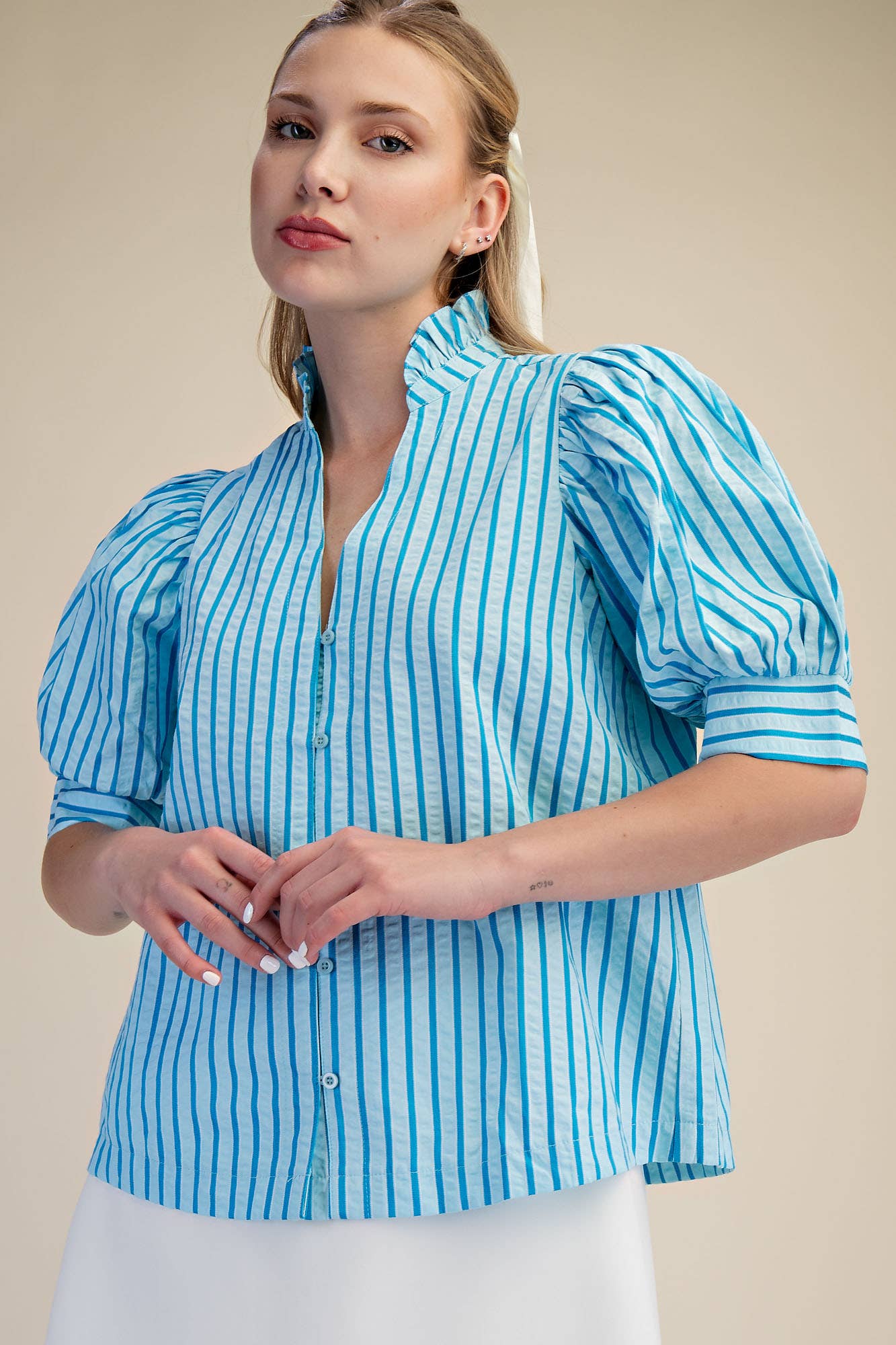 Blue Stripe Ruffle V-neck Puff Sleeve Button Down Top