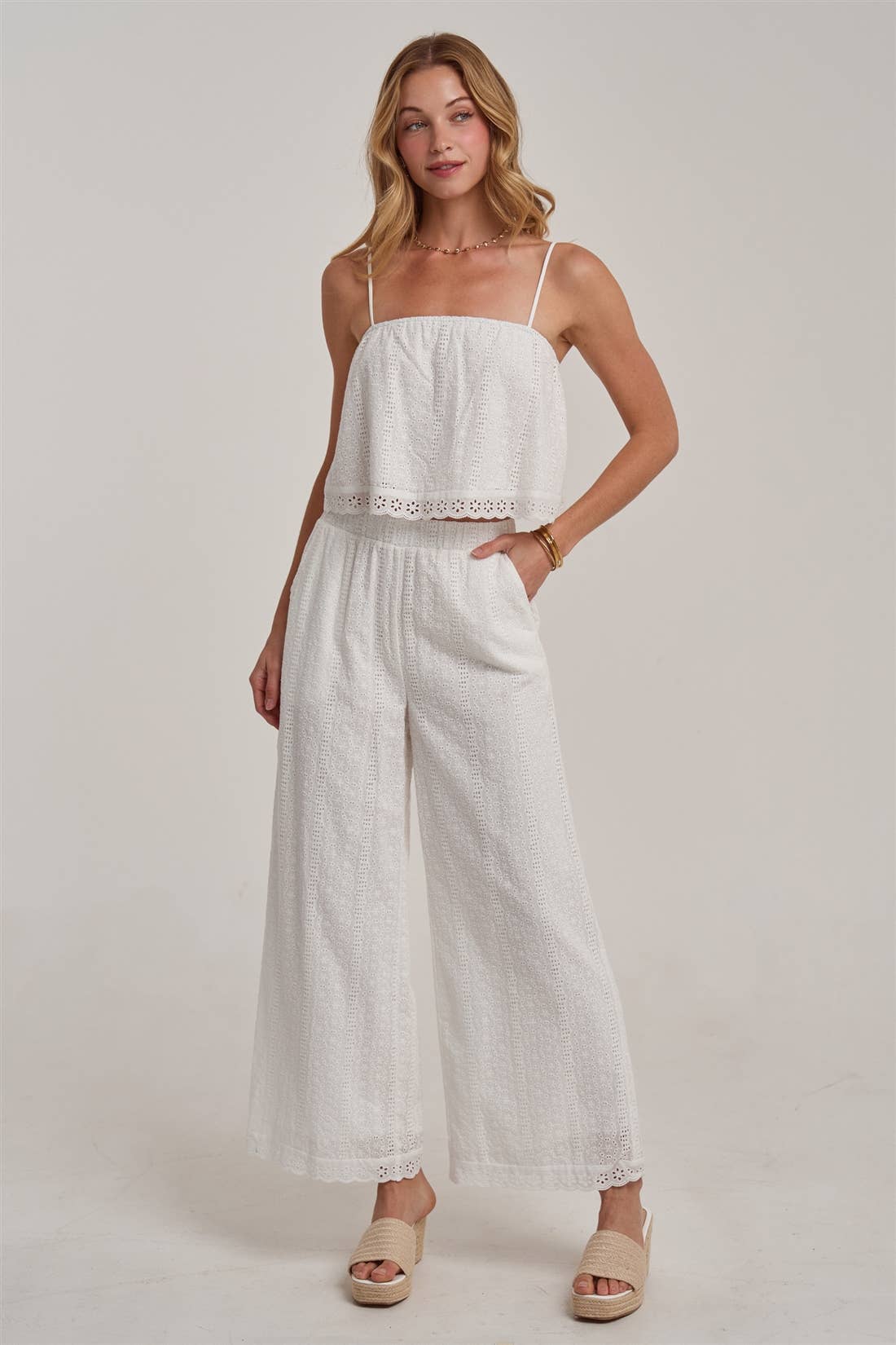 EYELET LACE CROPPED CAMI TOP AND WIDE LEG PANTS SUMMER SET