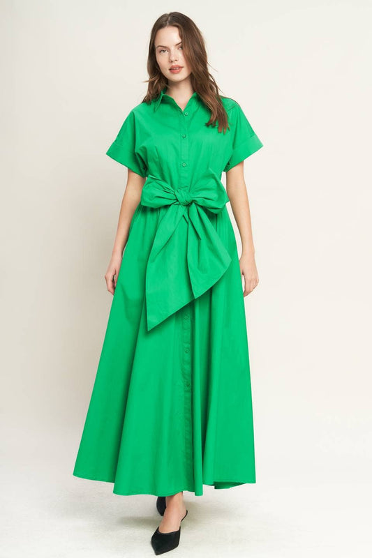 Green Tie Bow Waist Midi Dress