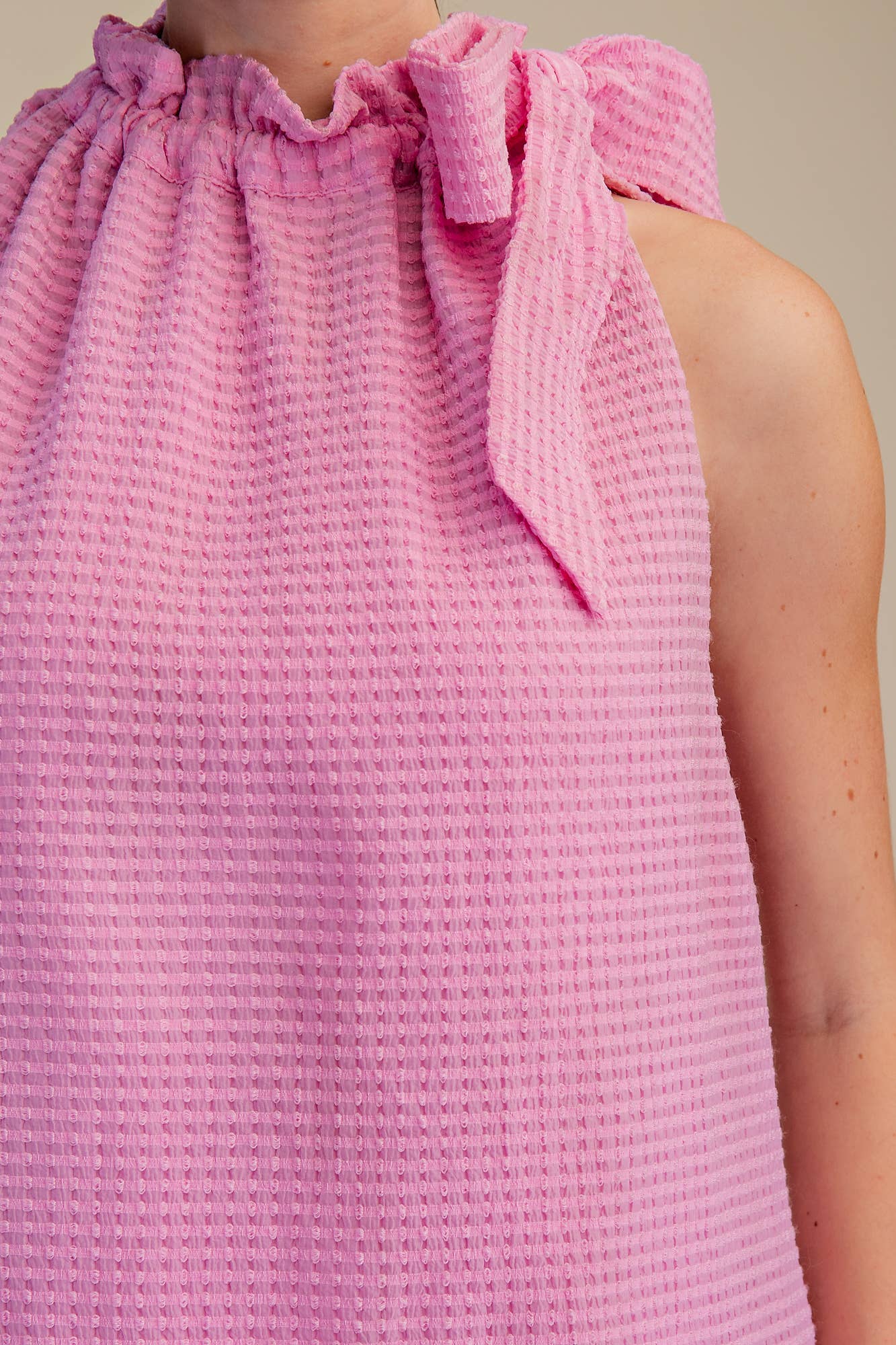 Pink Ruffle Neck Tie Sleeveless Top